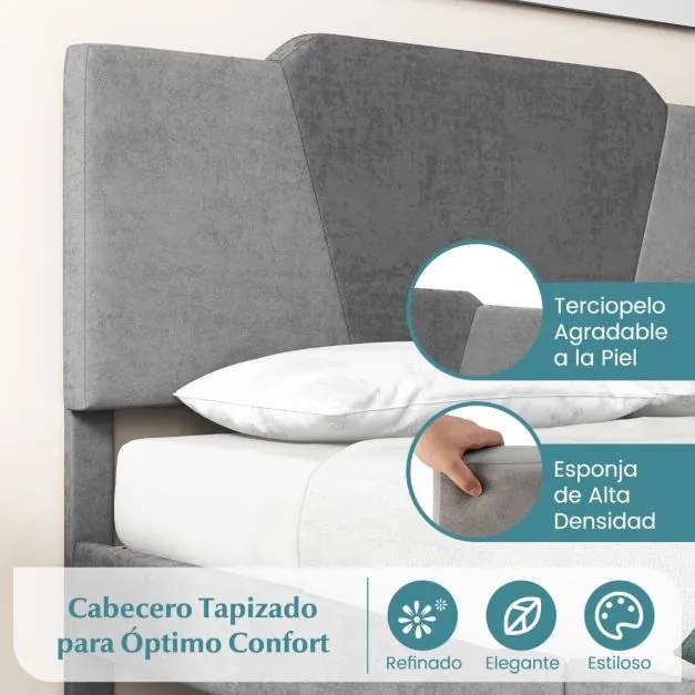Estrutura de cama em veludo com cabeceira em ripas de madeira maciça para apoio do colchão (Não incluido) Fácil montagem. 208 x 145 x 105 cm. Cinza