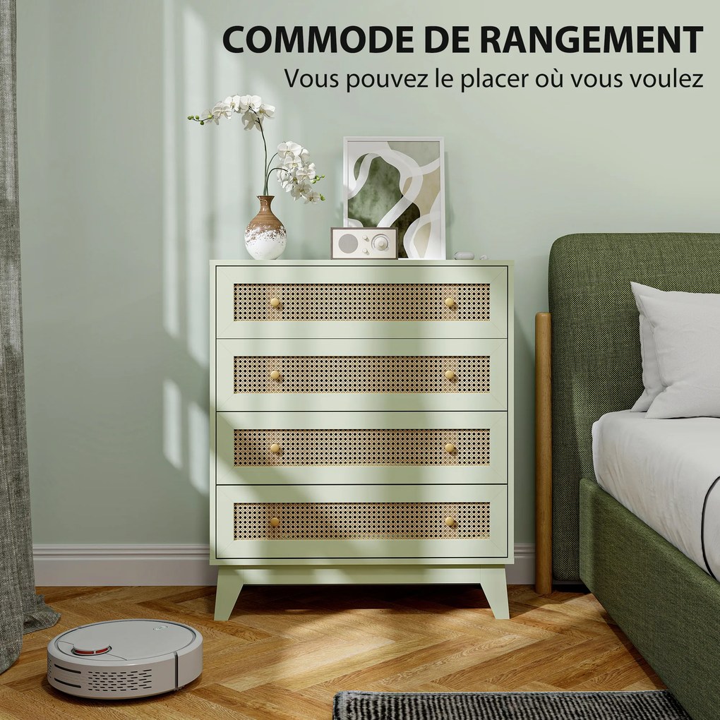 Cómoda com 4 gavetas 80 x 35 x 95 cm, móvel de arrumação em vime com efeito de madeira clara, verde