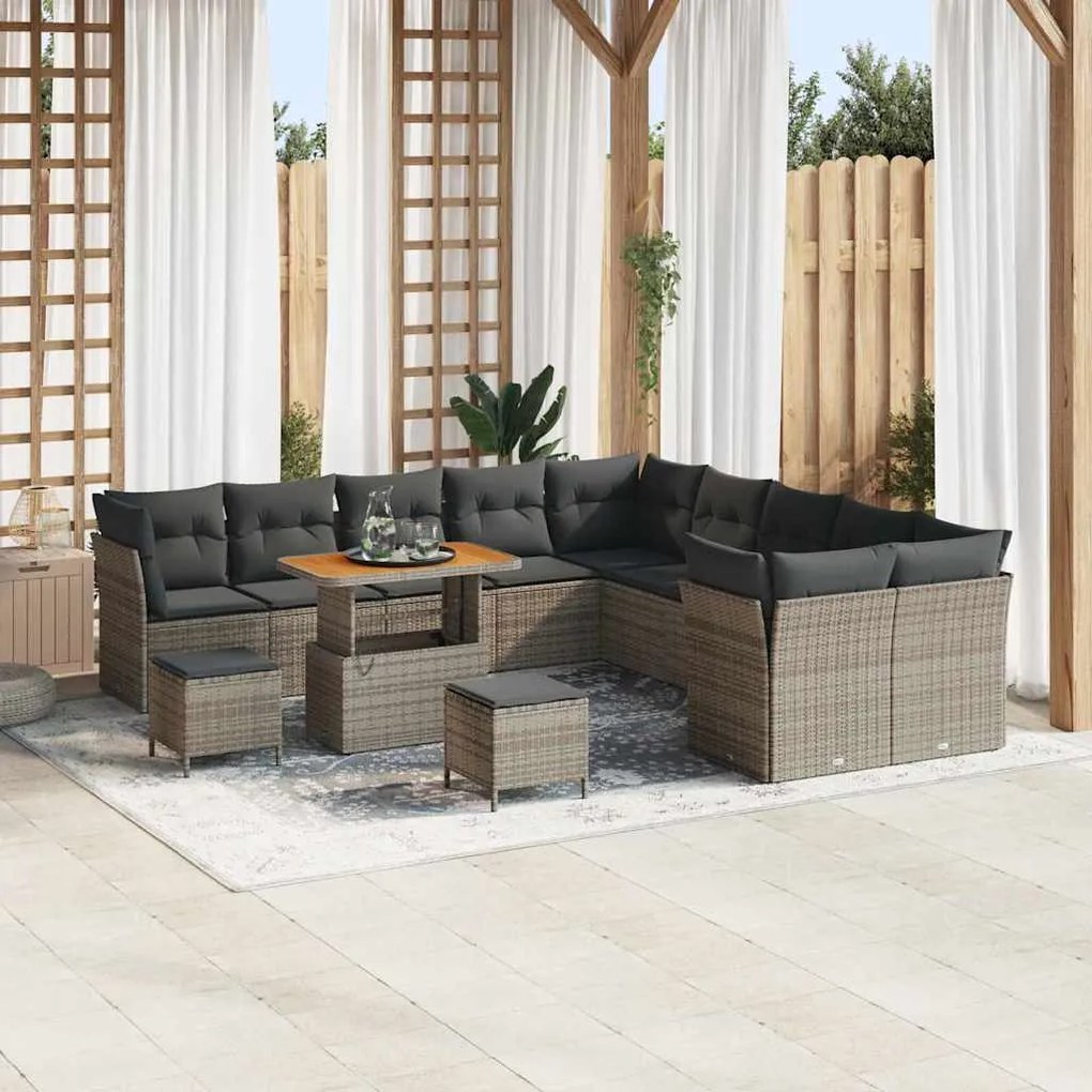 vidaXL Conjunto de Sofá de Jardim com 13 peças e almofadas cinzas de rattan