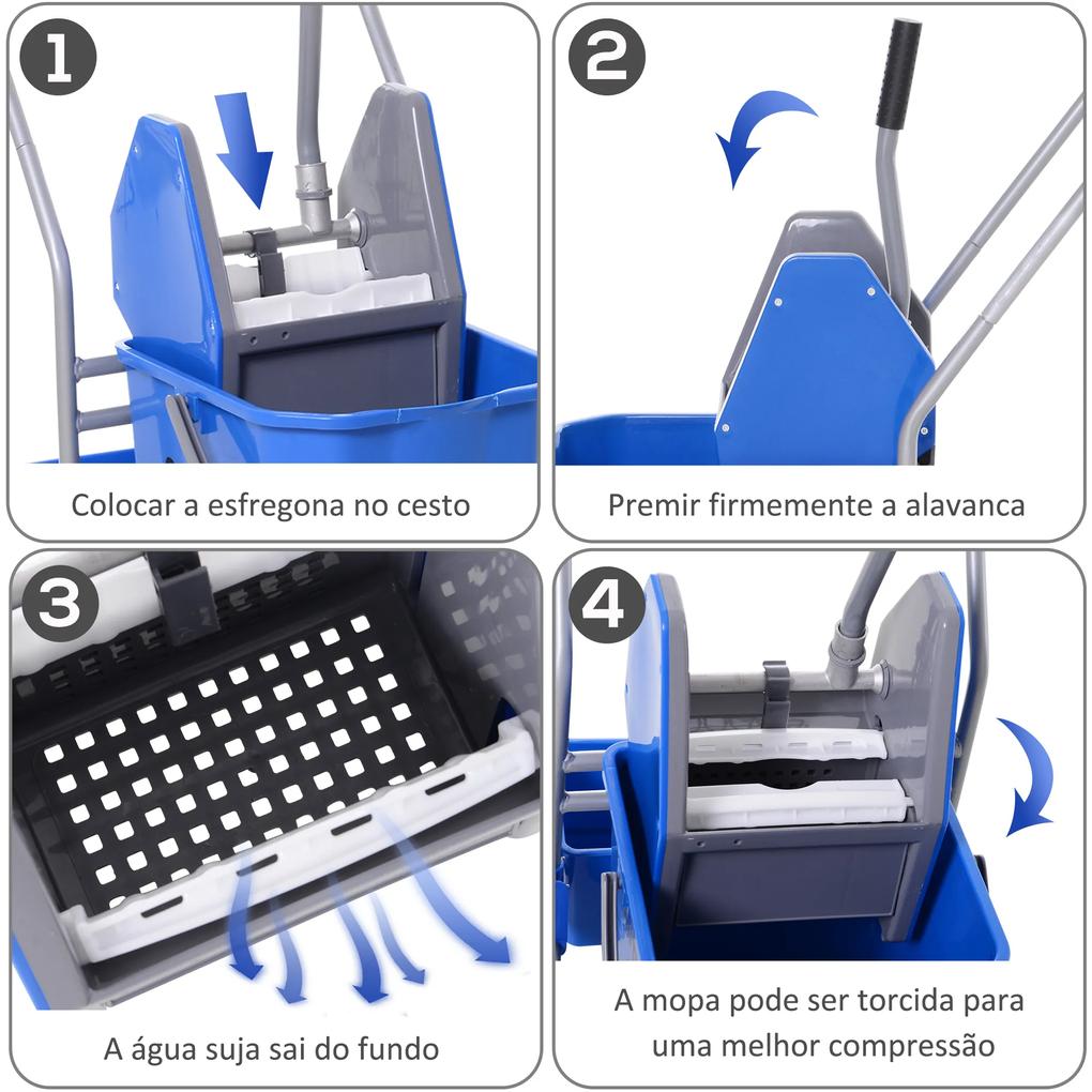 Carro de Limpeza Profissional com Rodas Balde de Esfregona Removível de 25L Espremedor Cesto e Cubeta 72x49,5x95 cm Azul