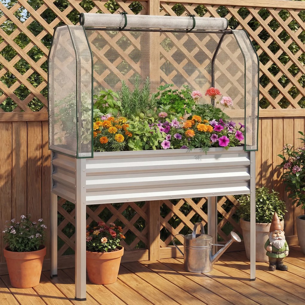 Floreira elevada com estufa 112 x 55 x 152 cm, canteiro de jardim em metal galvanizado com cobertura de proteção e porta enrolável para pátio, terraço