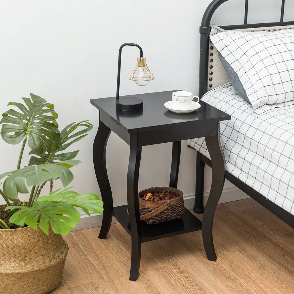Conjunto de 2 mesas-de-cabeceira com 2 níveis e pernas curvas Mesas de cabeceira para quarto, sala de estar e quarto familiar 40 x 40 x 60 cm Preto