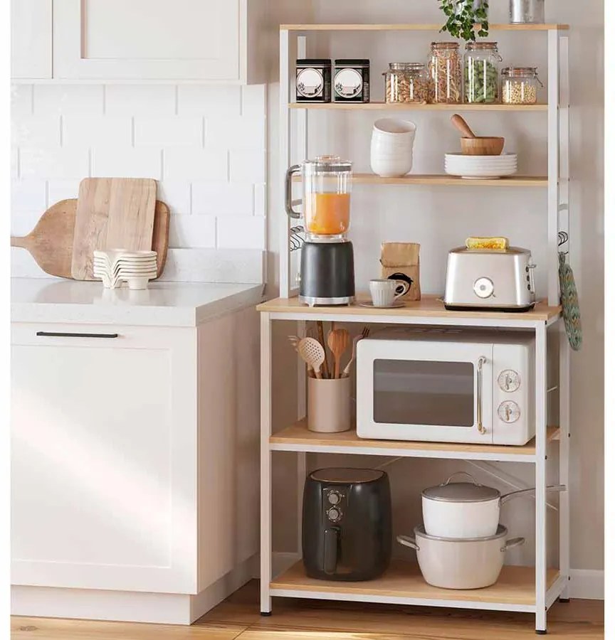 Armário de cozinha com prateleiras e ganchos Design industrial 40 x 80 x 167 cm Cor de carvalho + branco