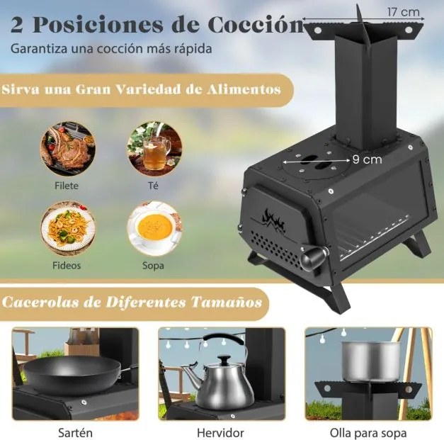 Fogão a lenha portátil com 2 posições de cozedura, pega da porta e janela de vidro resistente ao calor para cozinhar campismo