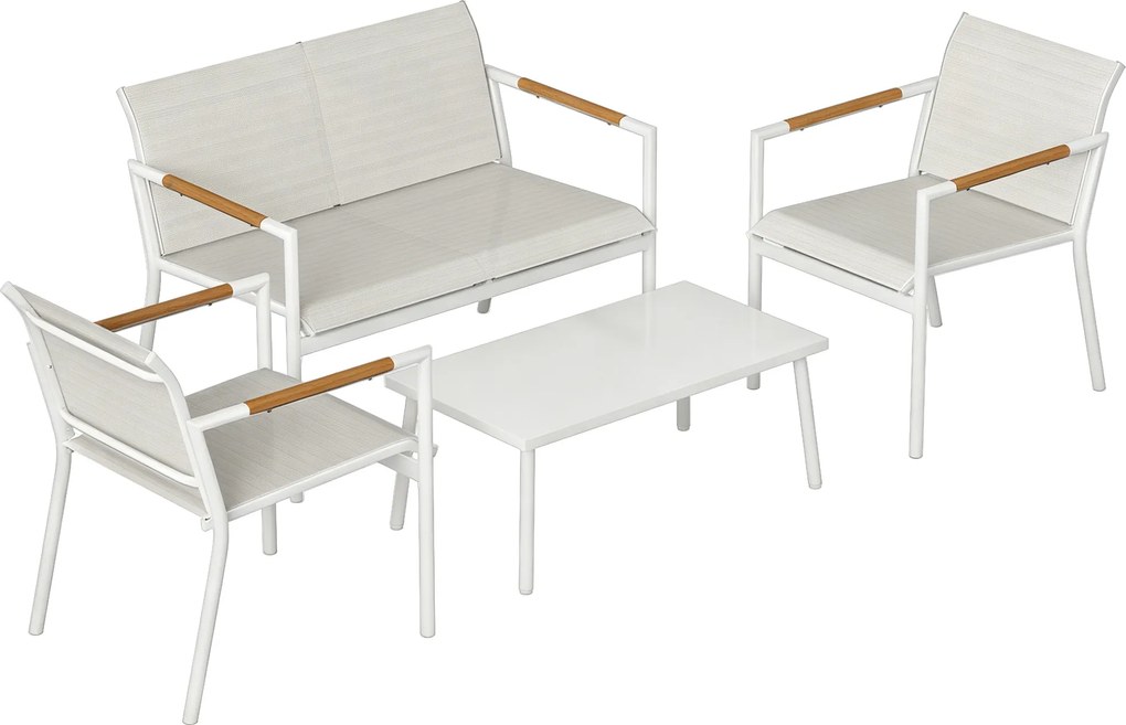 Outsunny Conjunto de Jardim Exterior com Sofá de 2 Lugares 2 Poltronas e Mesa com Tampo Metálico Assentos Respiráveis Creme | Aosom Portugal