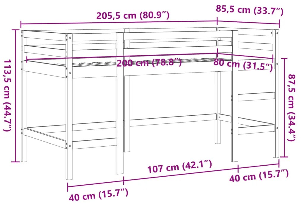 Cama alta p/criança c/escada 80x200cm pinho maciço castanho-mel