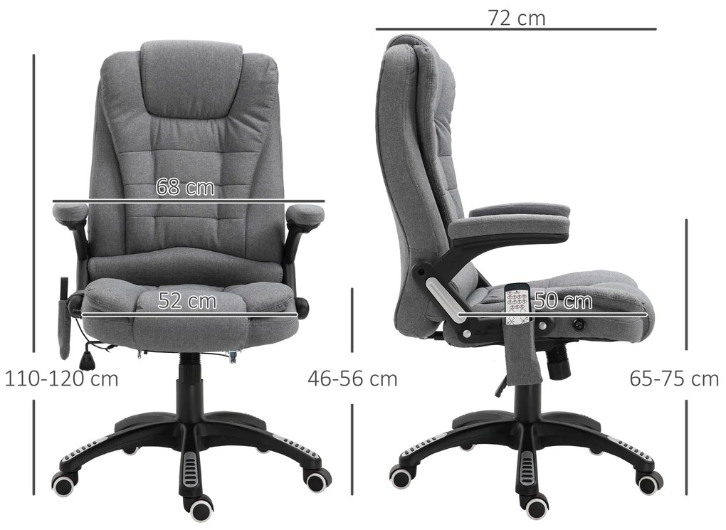 Cadeira de Escritório com 6 Pontos de Massagem Reclinável até 130° com Função de Aquecimento 68x72x110-120 cm Cinza