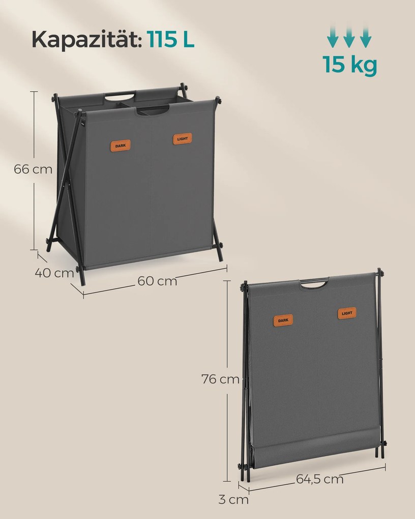 Cesto para roupa suja 115 litros com 2 compartimentos cinza ardósia