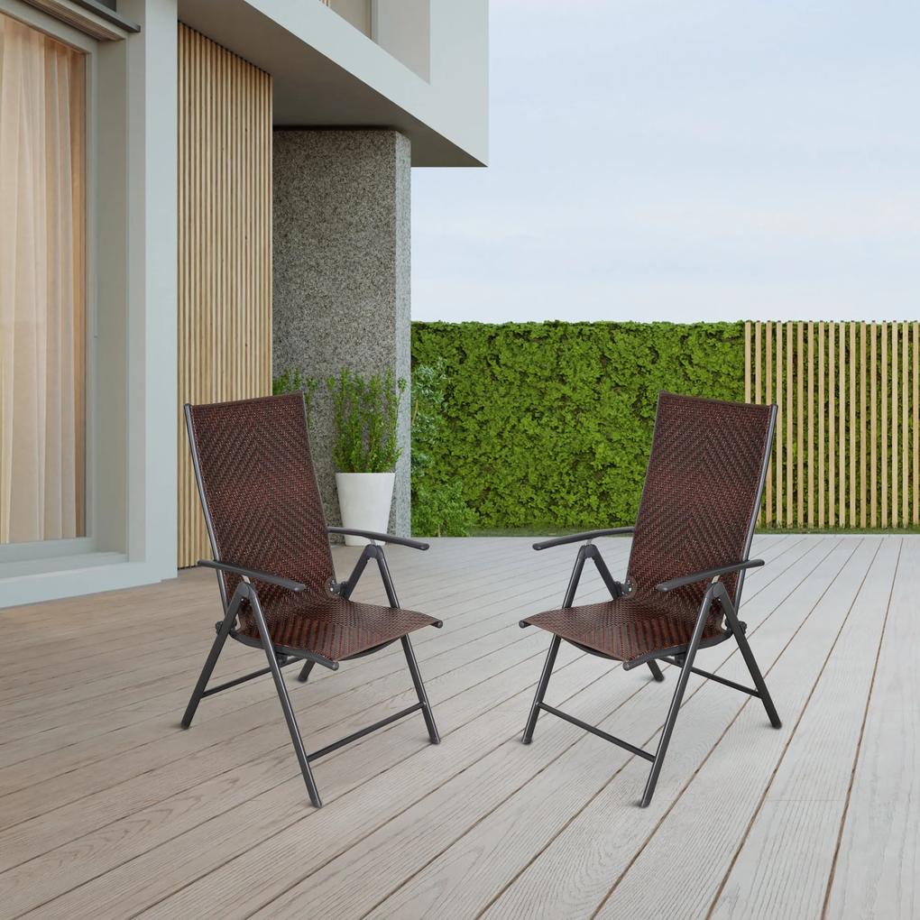 Outsunny Conjunto de 2 cadeiras dobráveis ​​de vime para jardim com encosto alto e ajustável 7 posições para pátio Terraço 57x67.5x104 cm marron
