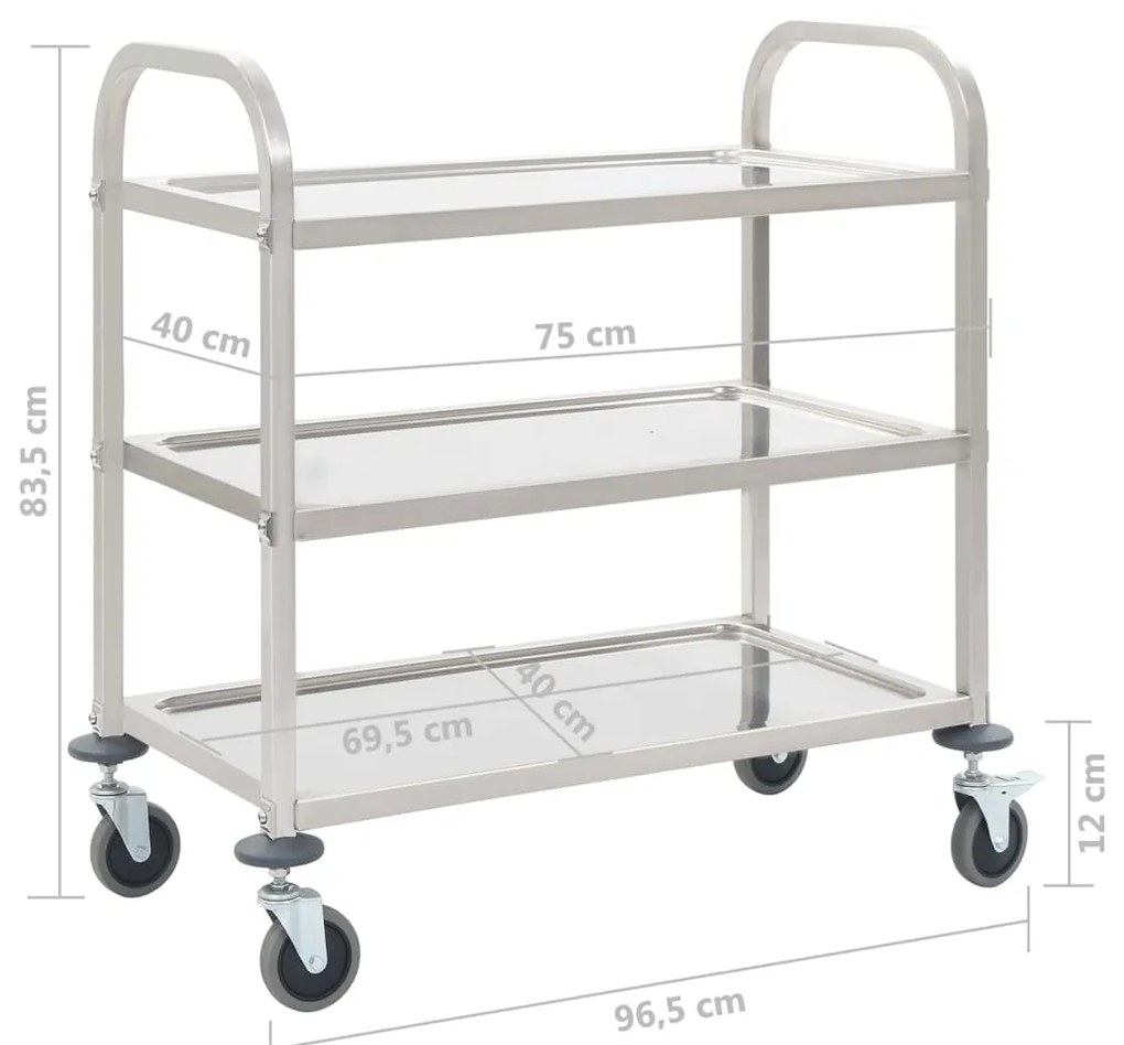 Carrinho de cozinha de 3 níveis 95x45x83,5 cm aço inoxidável