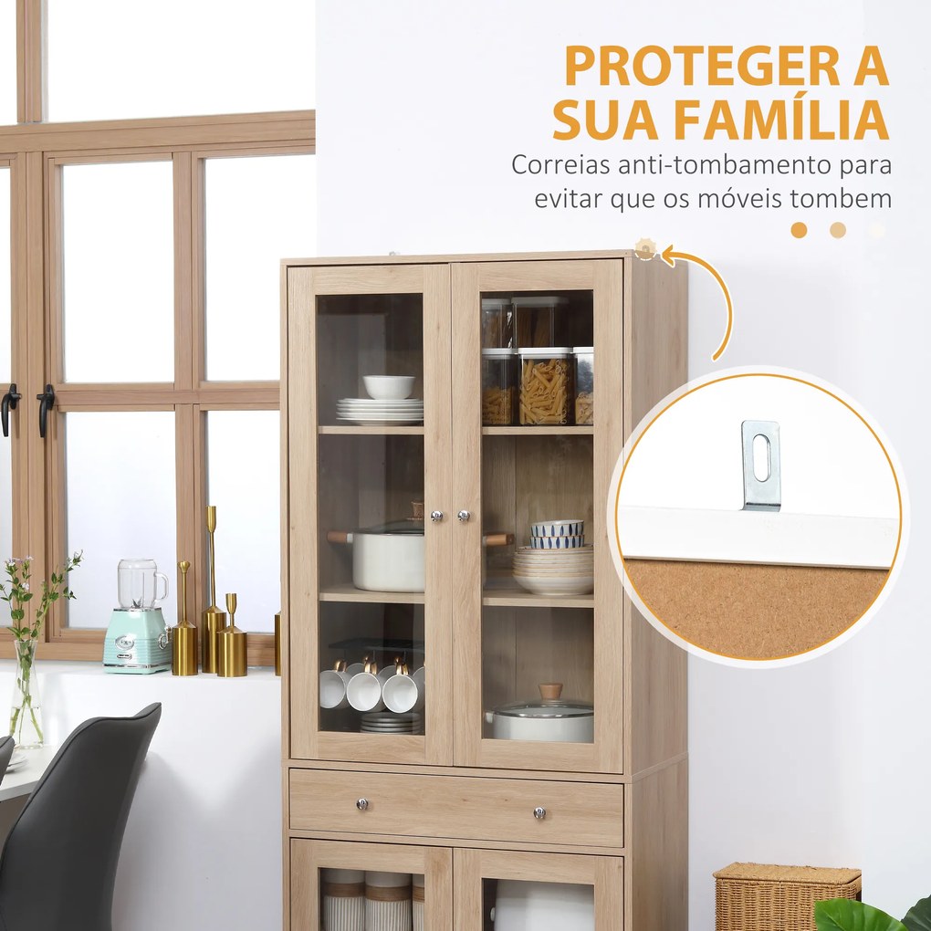 HOMCOM Armário de Cozinha Móvel Auxiliar de Cozinha com 1 Gaveta 4 Portas de Vidro Prateleiras Ajustáveis e Pés Elevados para Sala de Jantar Sala de Estar Anti-Tombamento 76x40x183cm Carvalho