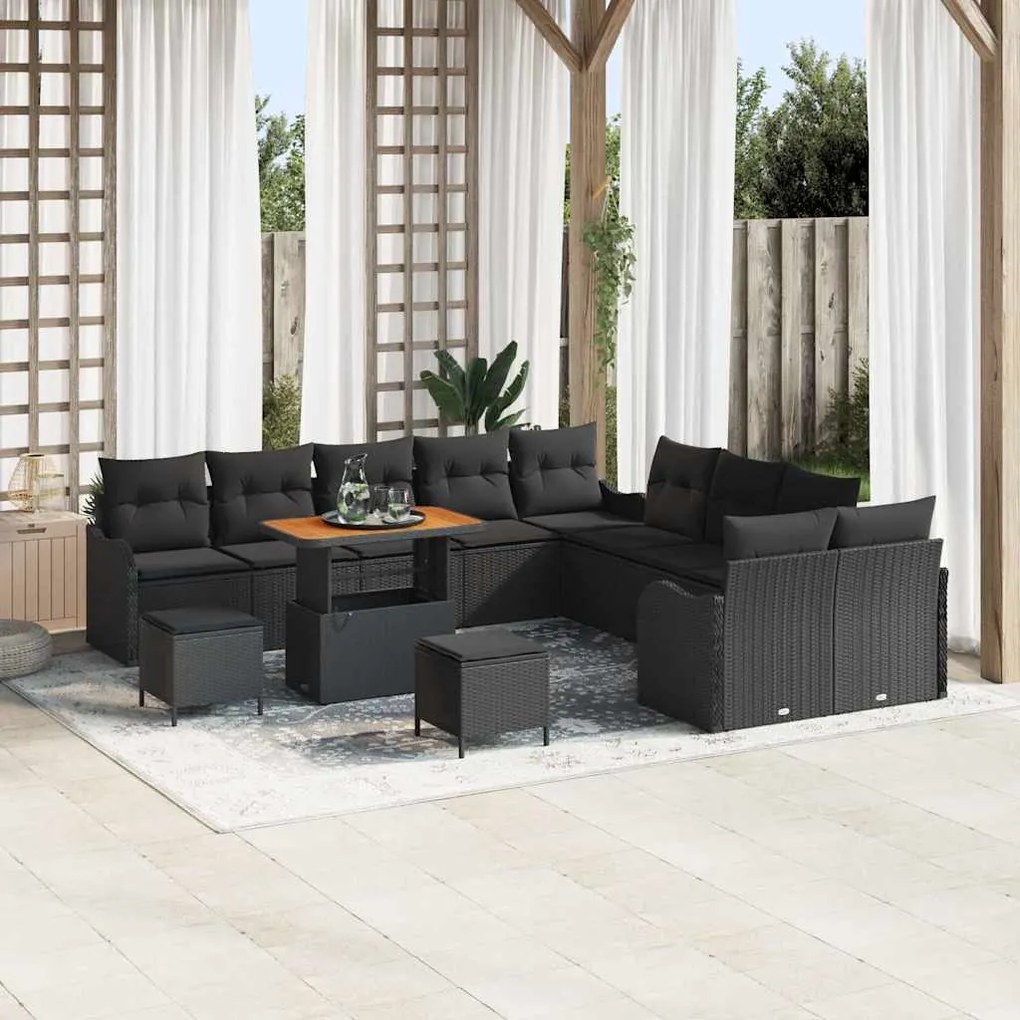 vidaXL Conjunto de Sofá de Jardim com 13 peças e almofadas pretas, em rattan e poliéster, madeira de acácia.