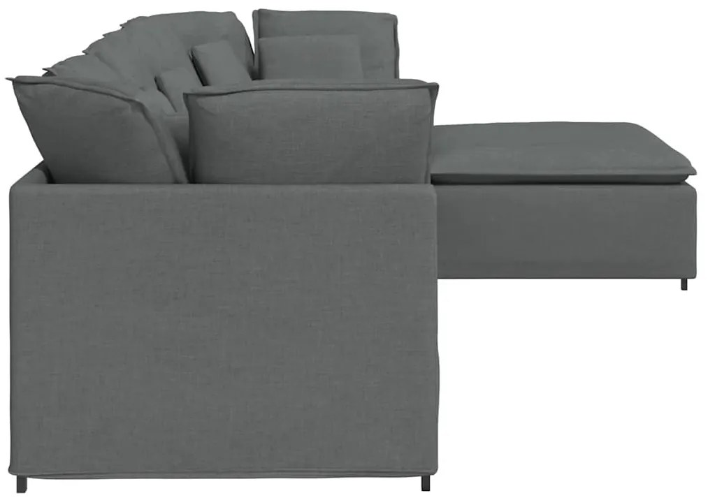 Sofá modular com pufes e almofadas tecido cinzento-escuro