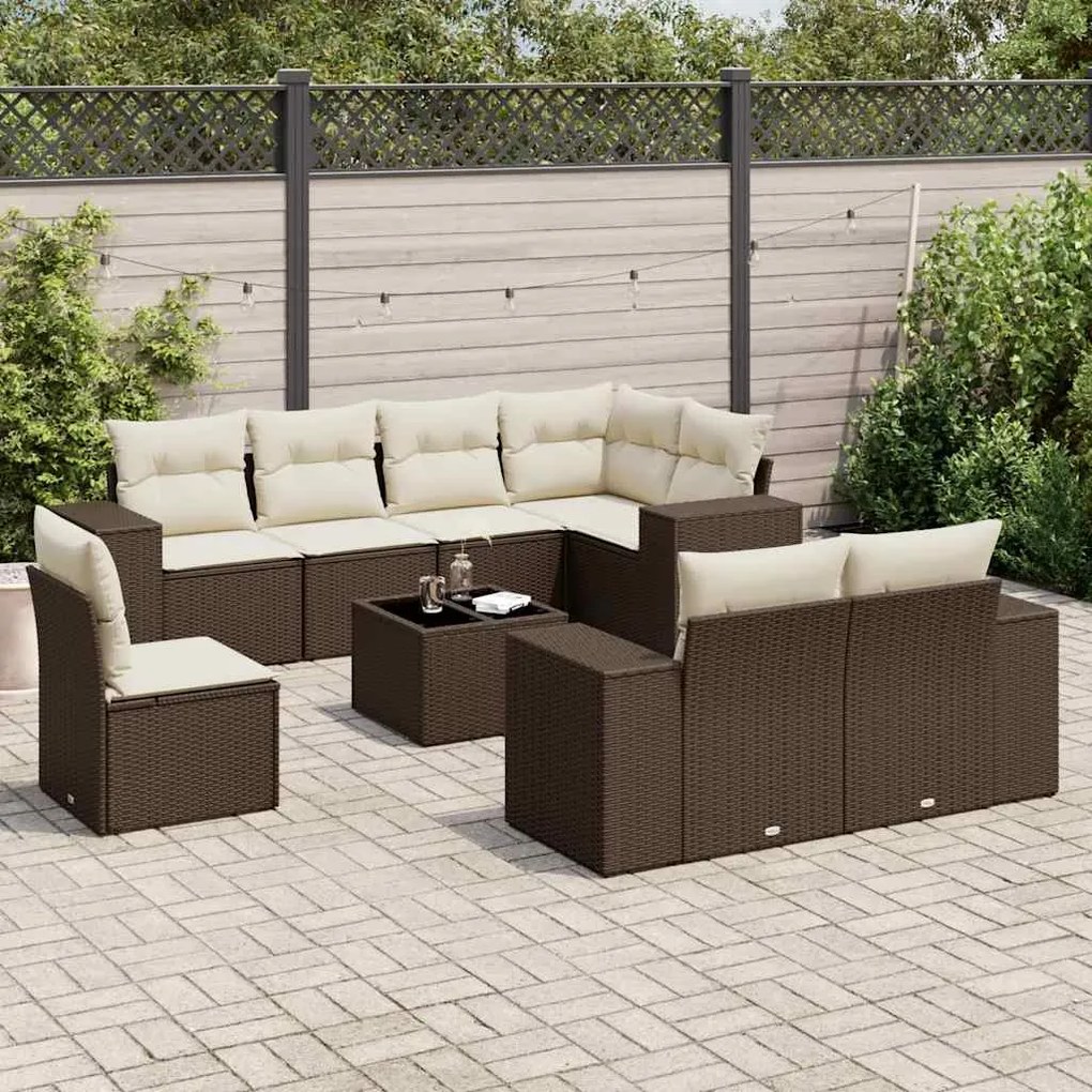 vidaXL 9 pcs conjunto sofás p/ jardim c/ almofadões vime PE castanho