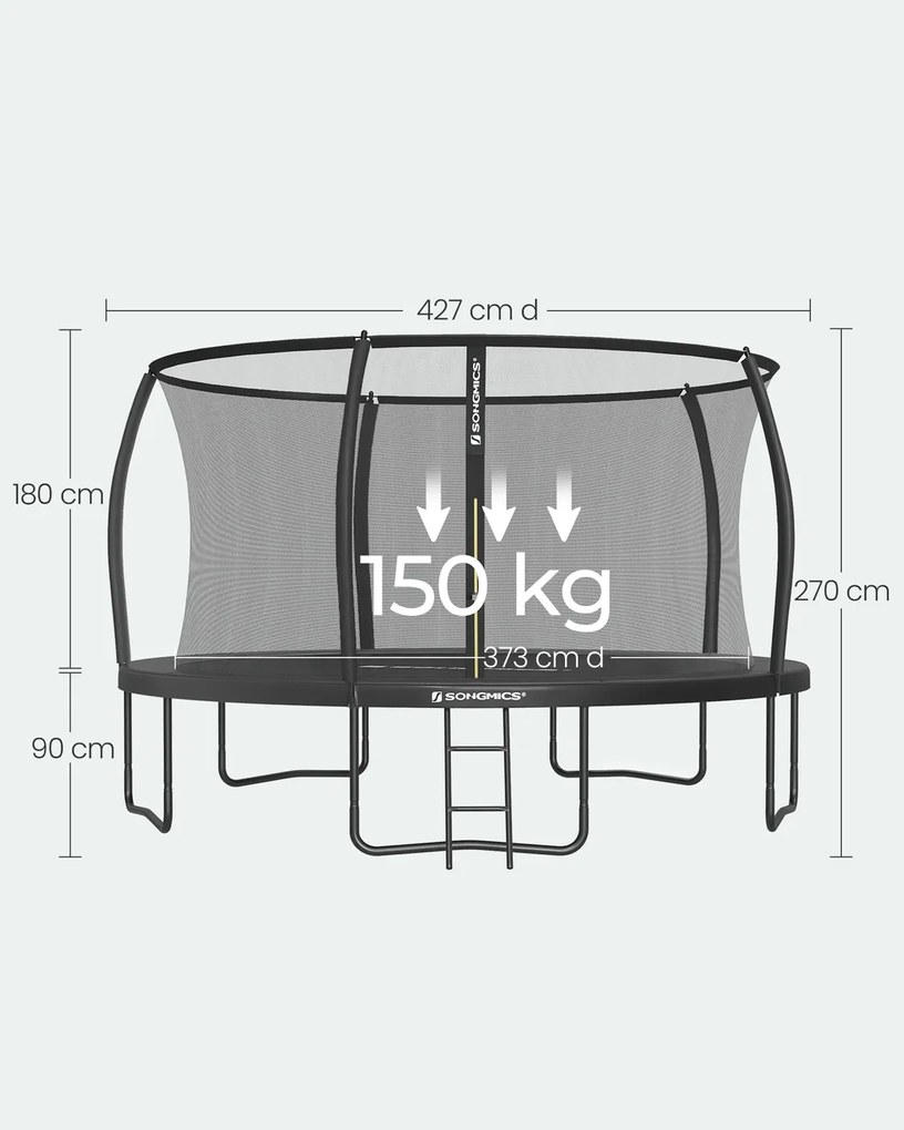 Trampolim de 427 cm de diâmetro com rede de segurança e varas curvas, preto