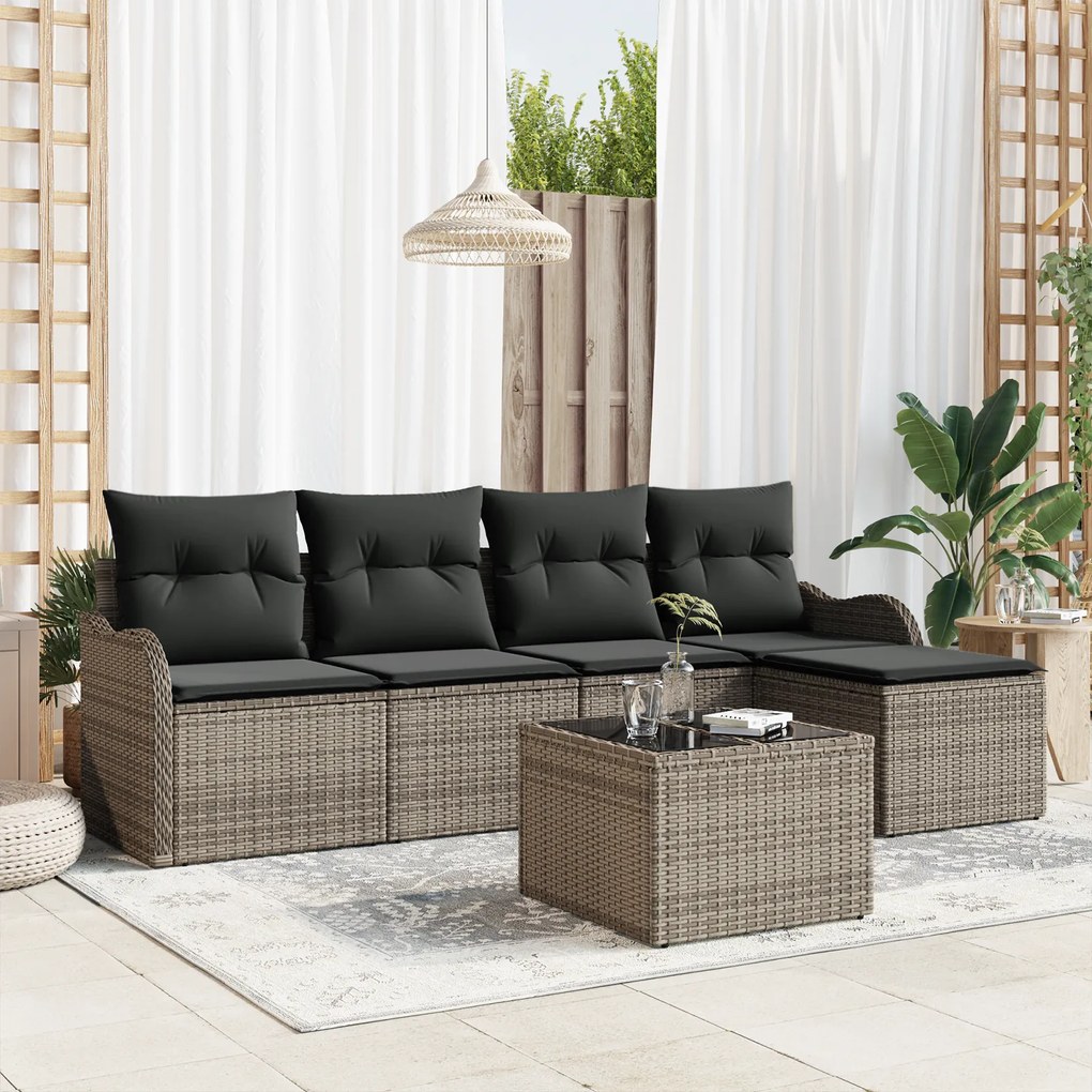 Conjunto de Sofá de 5 Peças vidaXL com Almofadas Rattan Poliéster Pret