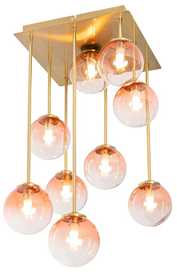 Candeeiro de teto Art Deco dourado com vidro rosa 9 luzes - Athens Art Deco