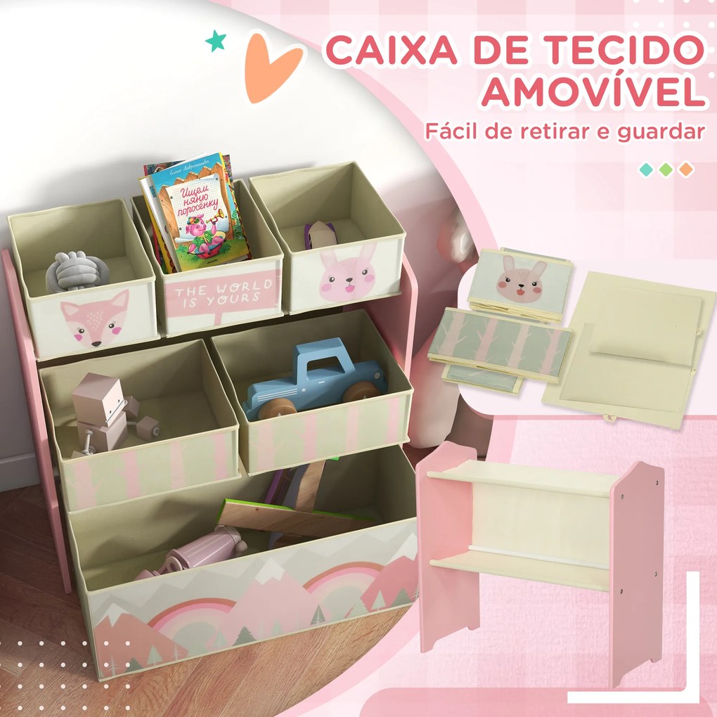 ZONEKIZ Estante para Brinquedos com 6 Caixas de Tecido não Tecido Amovíveis Organizador de Brinquedos 63x30x66 cm Rosa