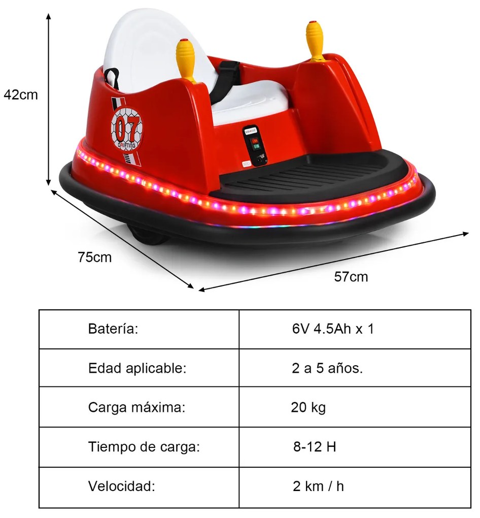 Carrinho de choques infantil elétrico giratório 360° 6 V com luzes Música 57 x 75 x 42 cm Vermelho