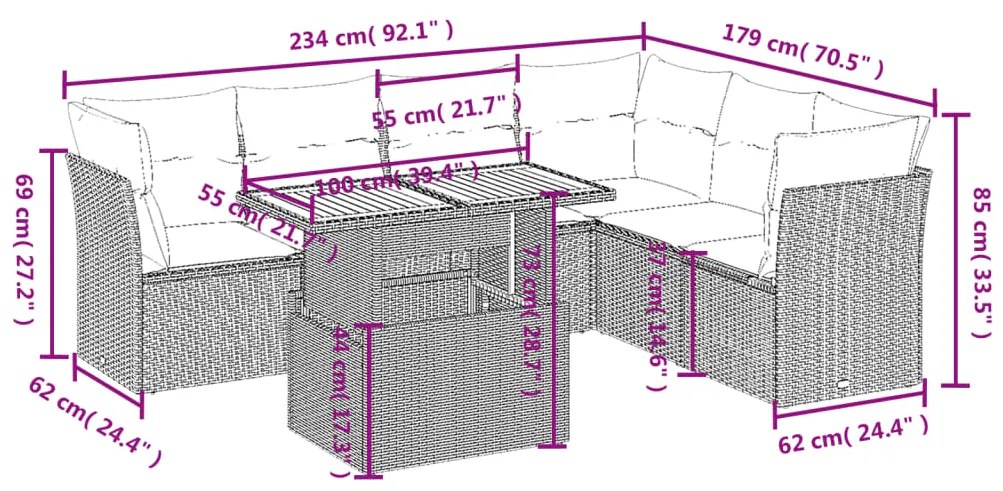 7 pcs conjunto de sofás p/ jardim com almofadões vime PE bege