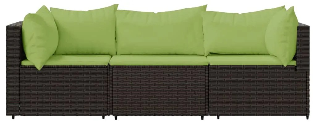 3 pcs conjunto lounge jardim c/ almofadões vime PE castanho