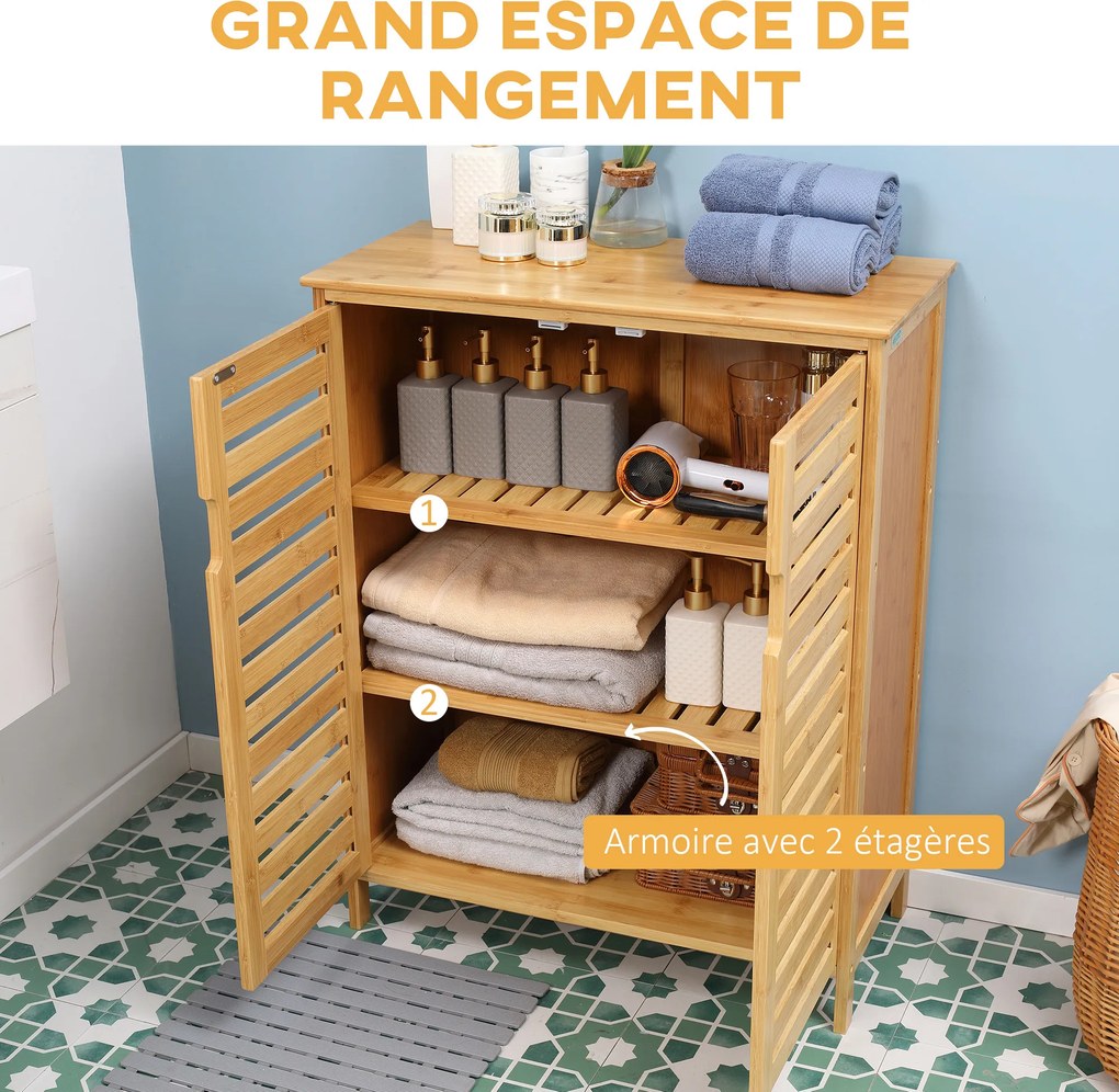Móvel de casa de banho em bambu, armário de casa de banho com pés e porta dupla com ripas, 68 x 32 x 86 cm, natural FR