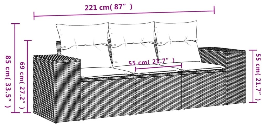 3 pcs conjunto sofás de jardim com almofadões vime PE castanho