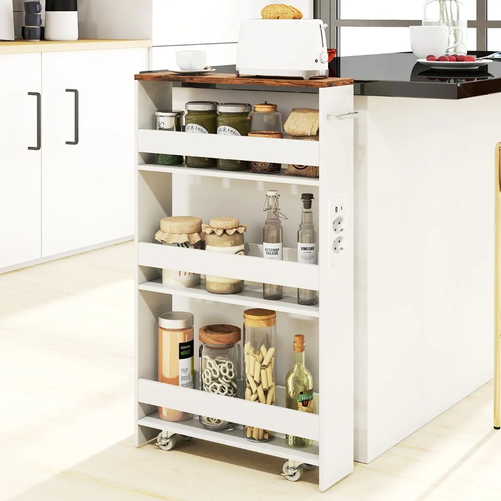 Carrinho cozinha estreito 47,5 x 13 x 80,5 cm com estação de carregamento de 4 níveis com rodas bloqueáveis Branco + Cor Nogueira