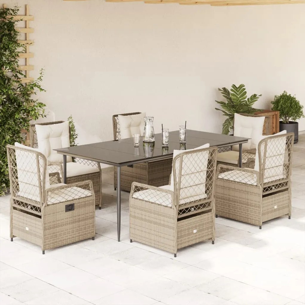7 pcs conjunto de jantar p/ jardim com almofadões vime PE bege