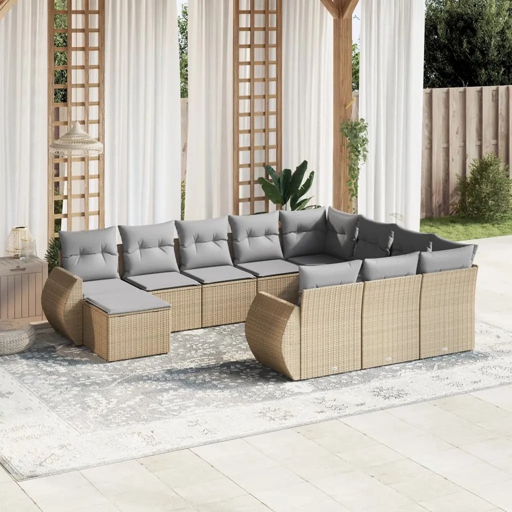11 pcs conjunto sofás de jardim c/ almofadões vime PE bege