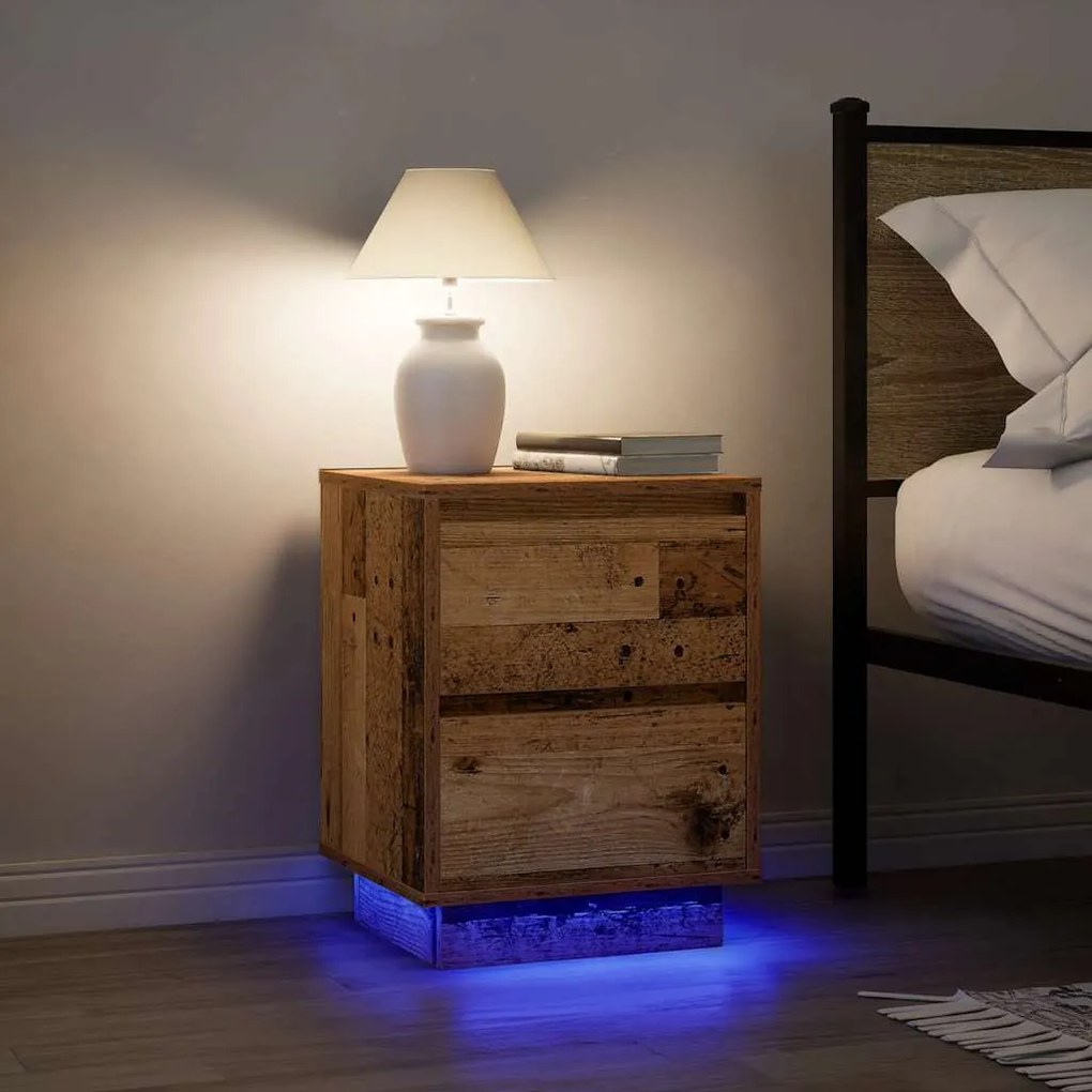 Mesas cabeceira c/ luzes LED 2 pcs 38x34x50 cm madeira velha