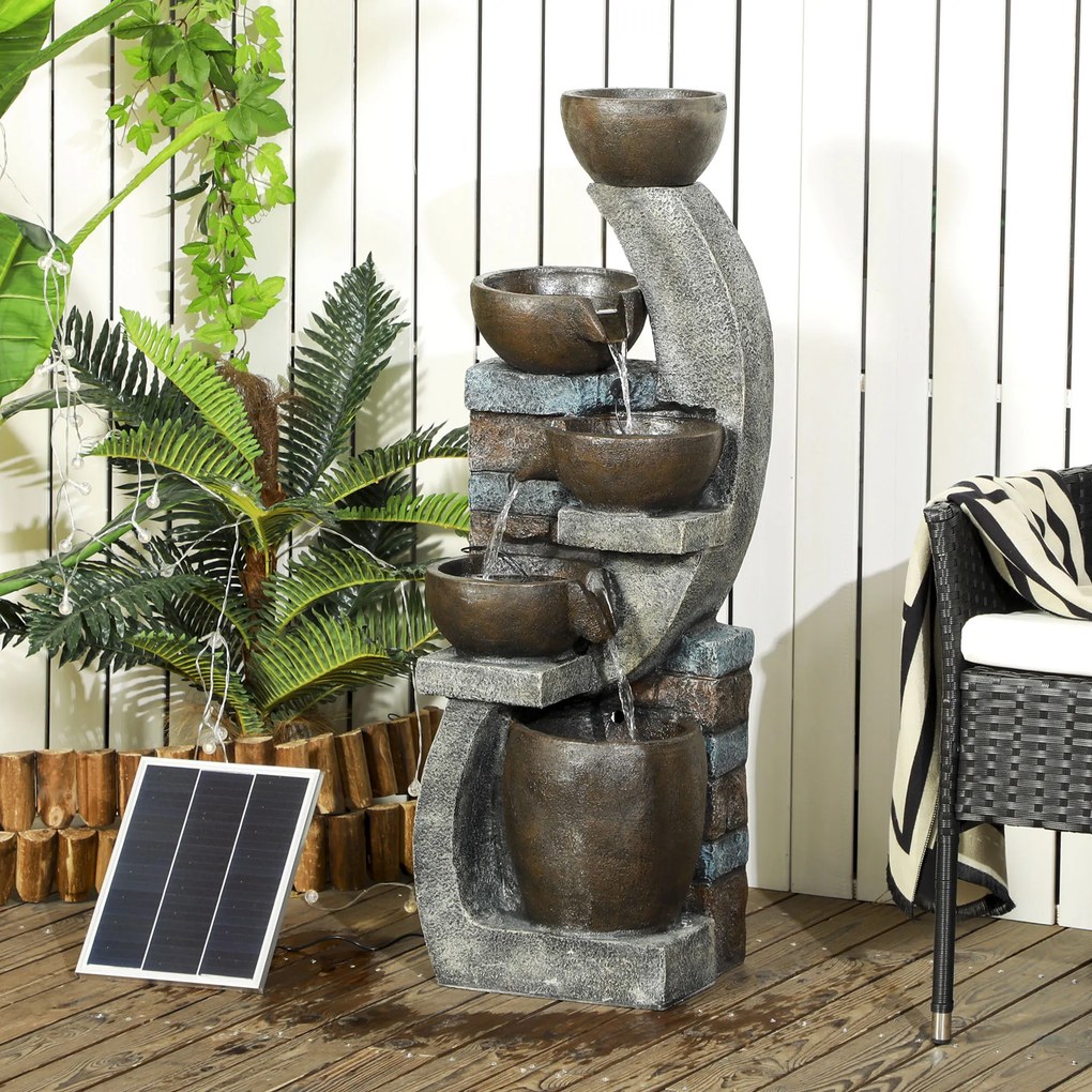 Fonte de água para exterior com 5 níveis, fonte de jardim com luzes LED, painel solar e bomba, em resina cinzenta e castanha
