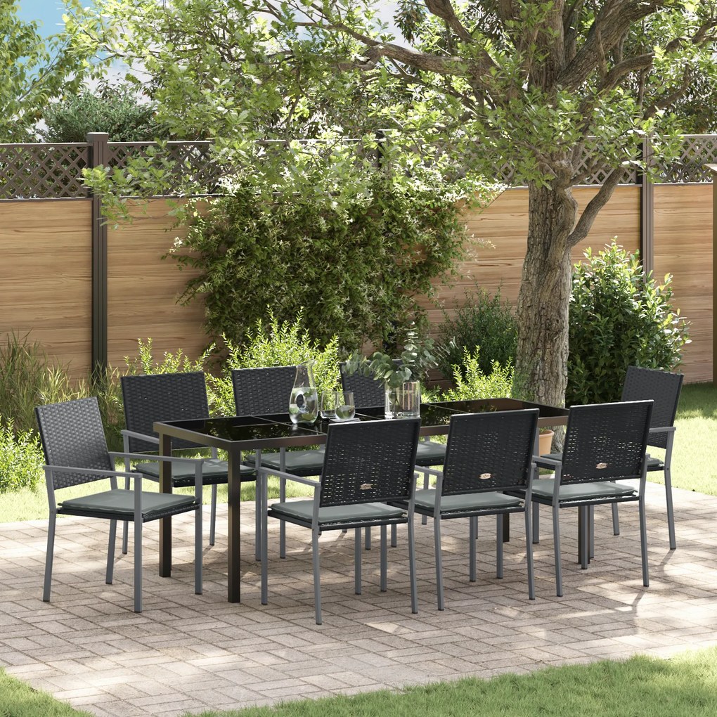 vidaXL Conjunto de Jantar de Jardim com 9 Peças e Almofadas em Rattan Poliéster Preto