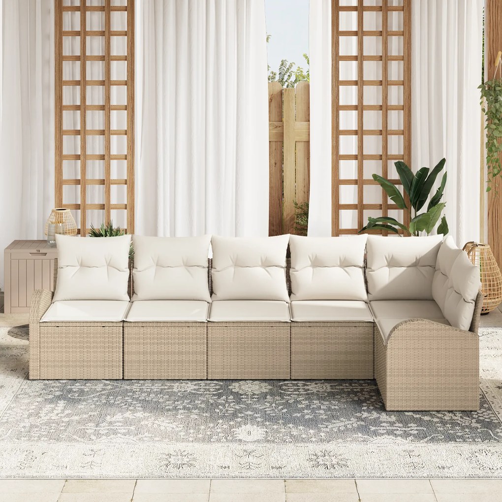 Conjunto de Sofá de Jardim de 6 Peças com Almofadas Rattan Polié Bege