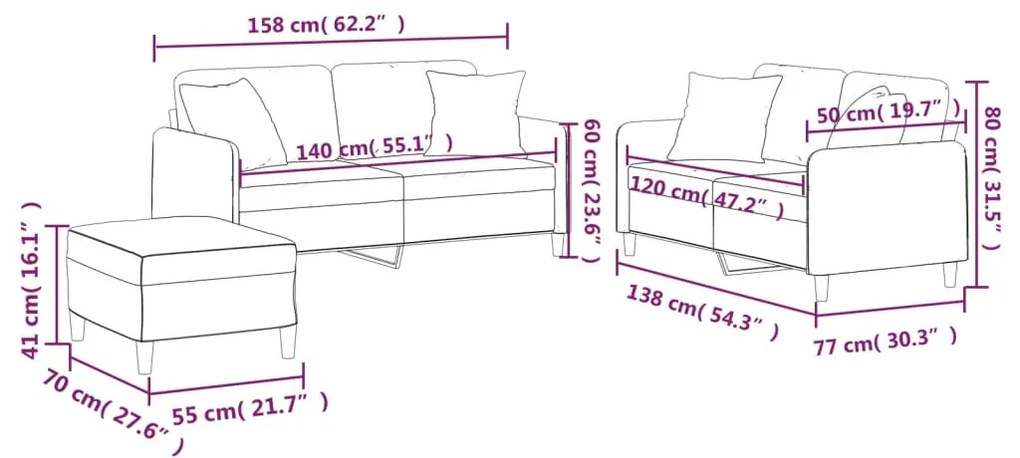 3 pcs conjunto de sofás com almofadas tecido cinza-acastanhado