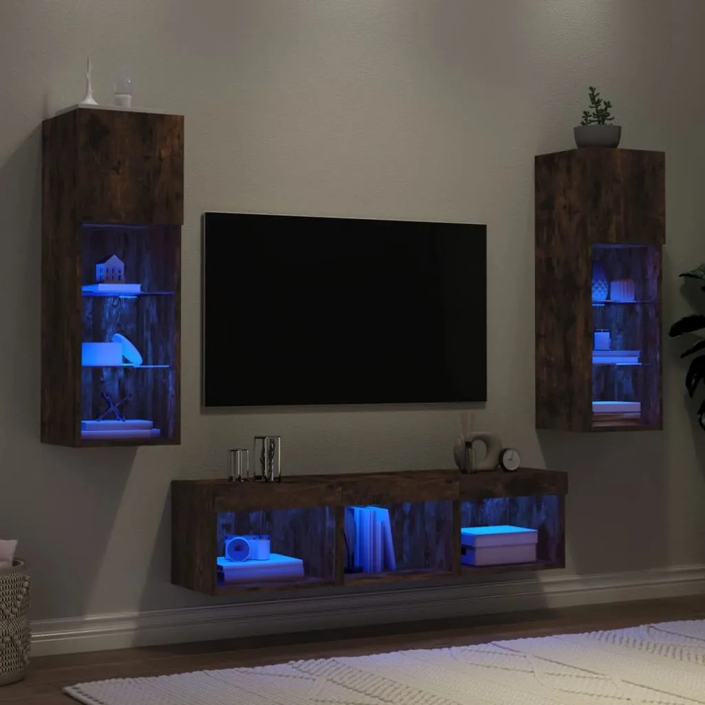 vidaXL 5pcs móveis parede p/ TV c/ LEDs deriv. madeira carvalho fumado