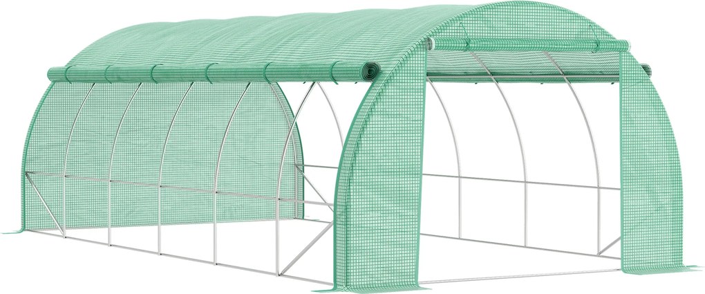 Outsunny Estufa de Túnel de Jardim de Exterior 597x300x200 cm com Porta Lateriais e Janelas Cobertura de PE 140g/m² e Metal Verde | Aosom Portugal
