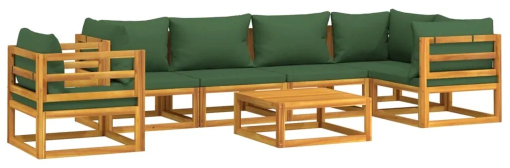 7 pcs conj. lounge jardim madeira c/almofadões verdes