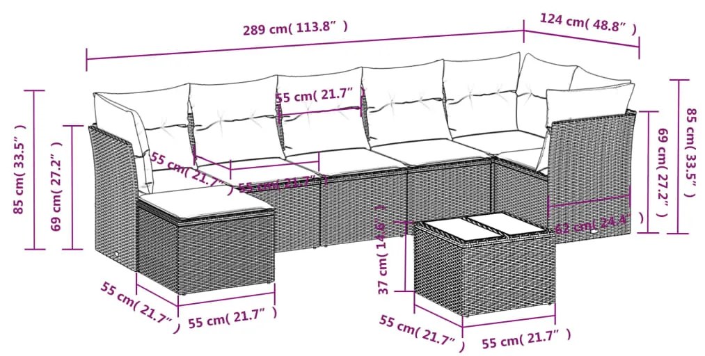 8 pcs conjunto de sofás p/ jardim com almofadões vime PE bege