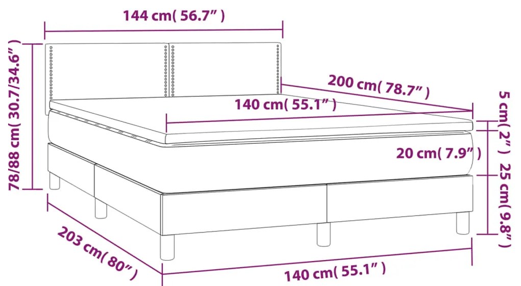 Cama box spring c/ colchão/LED 140x200 cm veludo azul-escuro