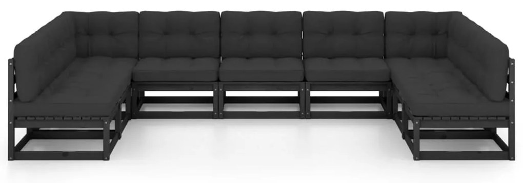 9pcs conjunto longue de jardim c/ almofadões pinho maciço preto