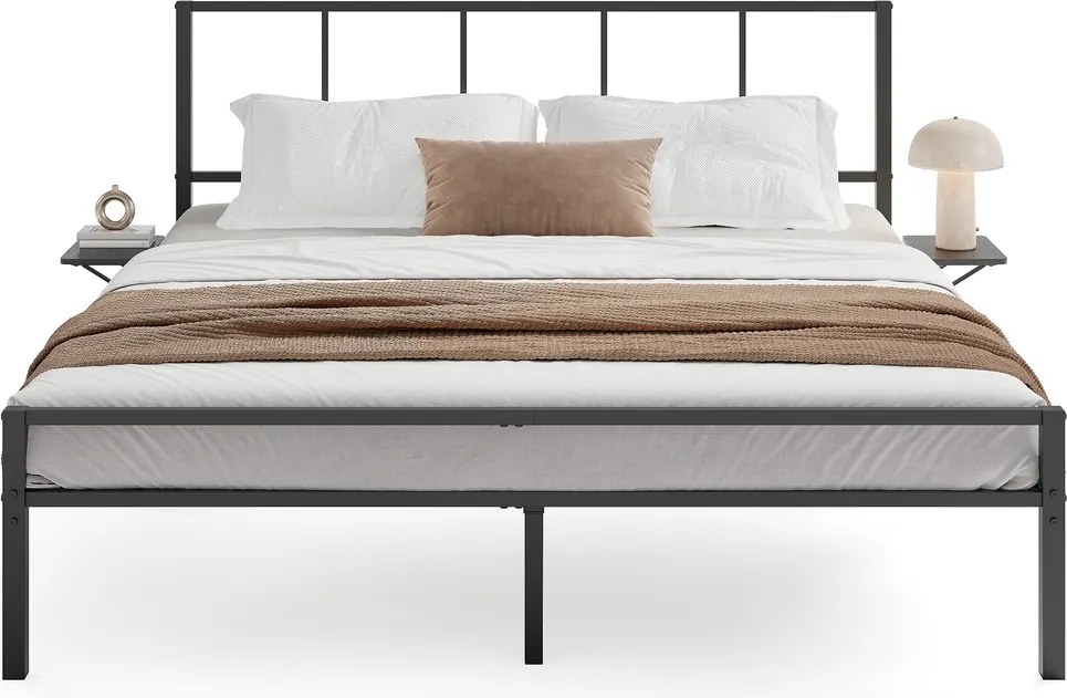 Estrutura de cama de casal 160 x 200 cm (COLCHÂO NÃO INCLUIDO)com 2 prateleiras e com estrutura metálica e estrado Preta