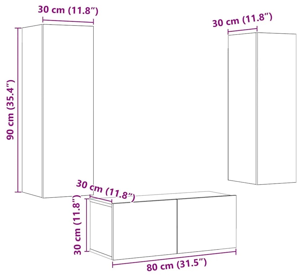 armários de TV montados na parede 3 pcs madeira velha