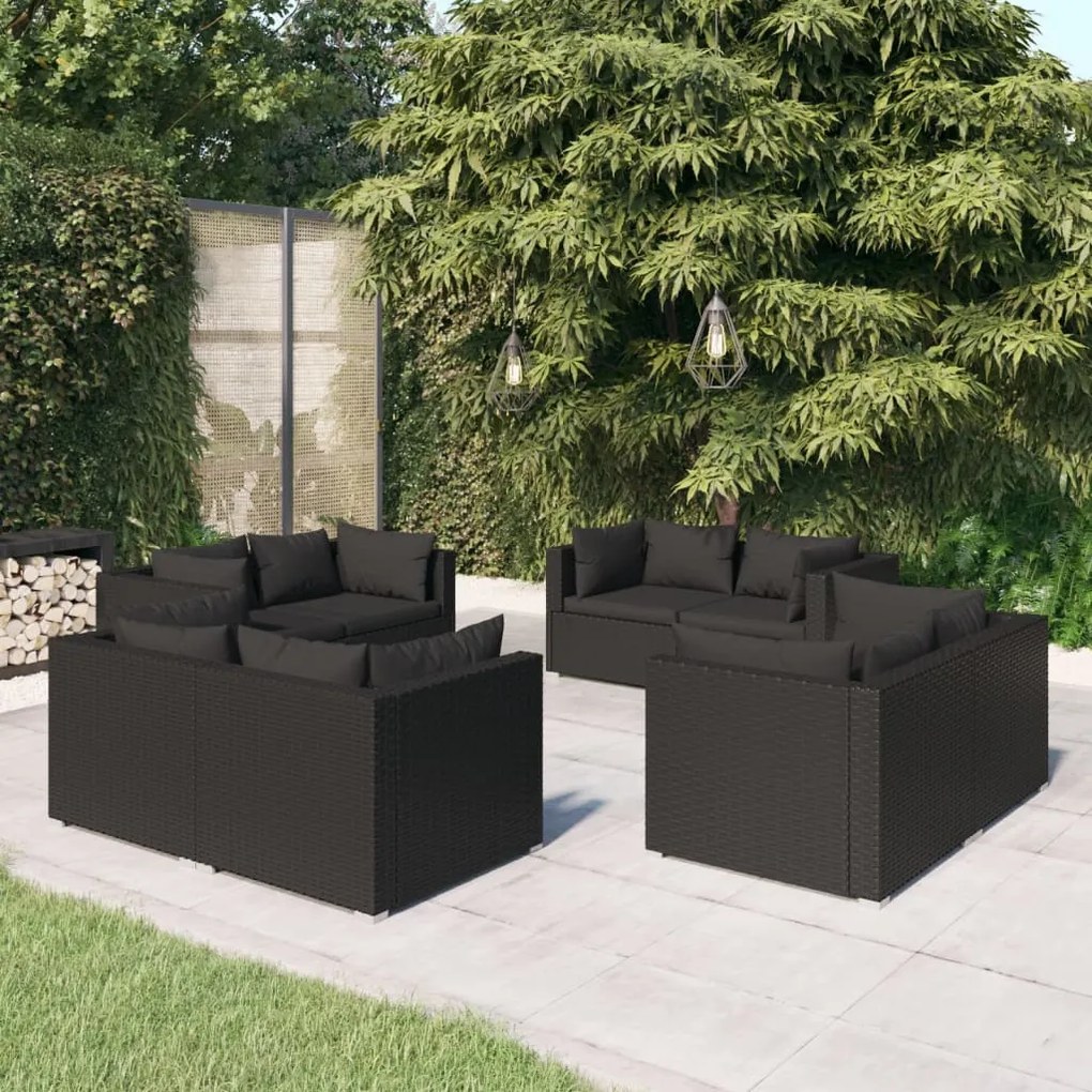 vidaXL 8 pcs conjunto lounge de jardim c/ almofadões vime PE preto