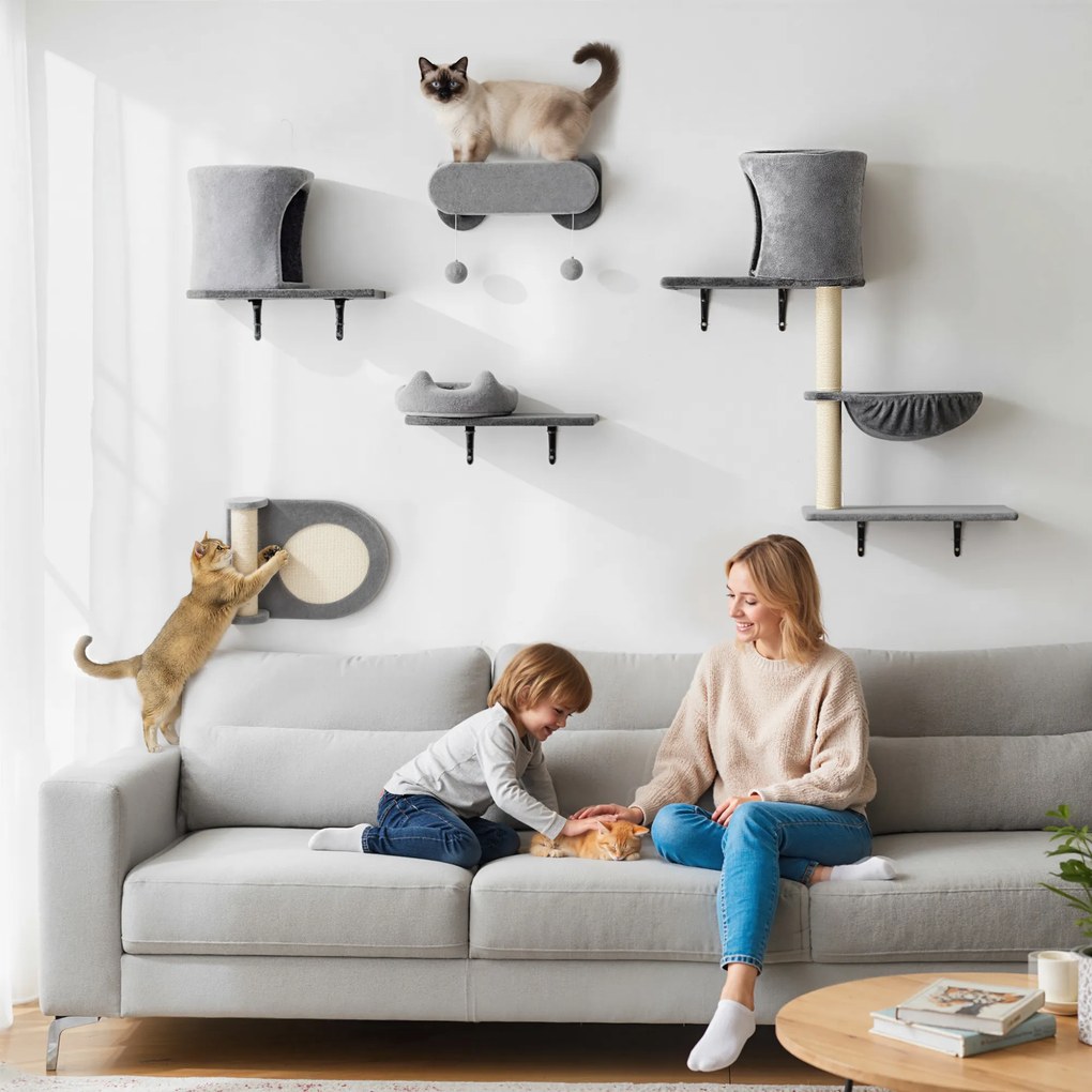 Prateleiras de parede para gatos, árvore de arranhar de parede, 5 peças, 2 compartimentos abertos, rede, plataformas e arranhadores em sisal cinzento