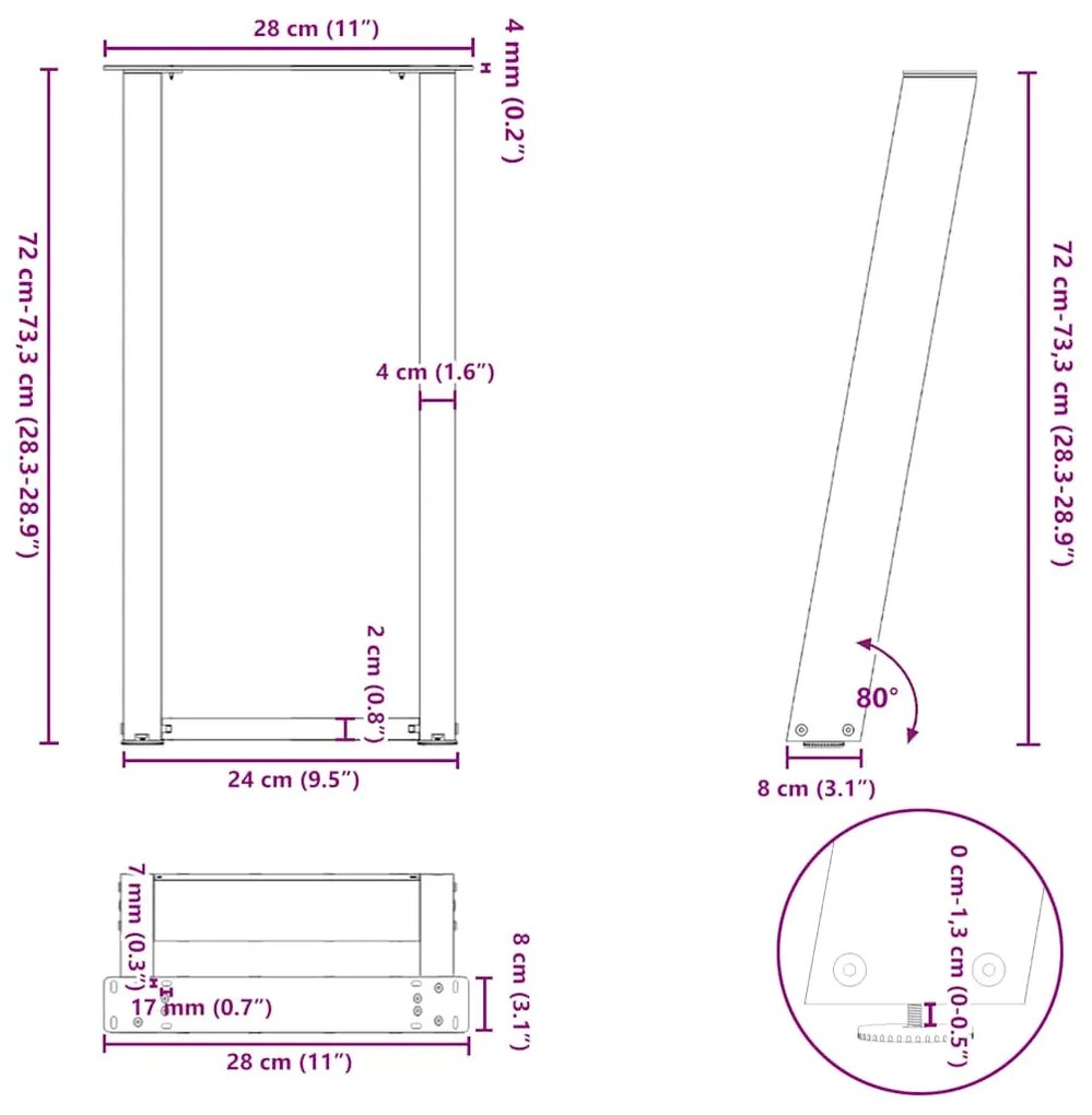 Pés de mesa de console em forma de U, 2 peças, preto, 28x(72-73) cm, a