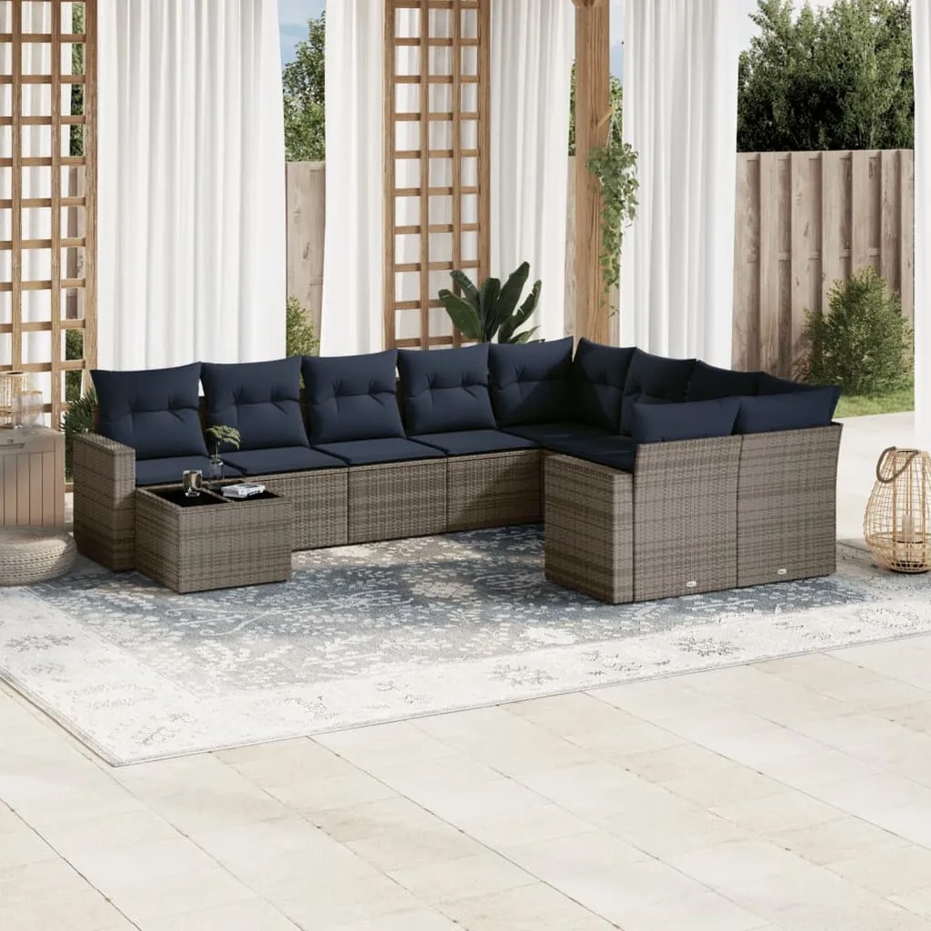 10 pcs conjunto sofás p/ jardim c/ almofadões vime PE cinzento