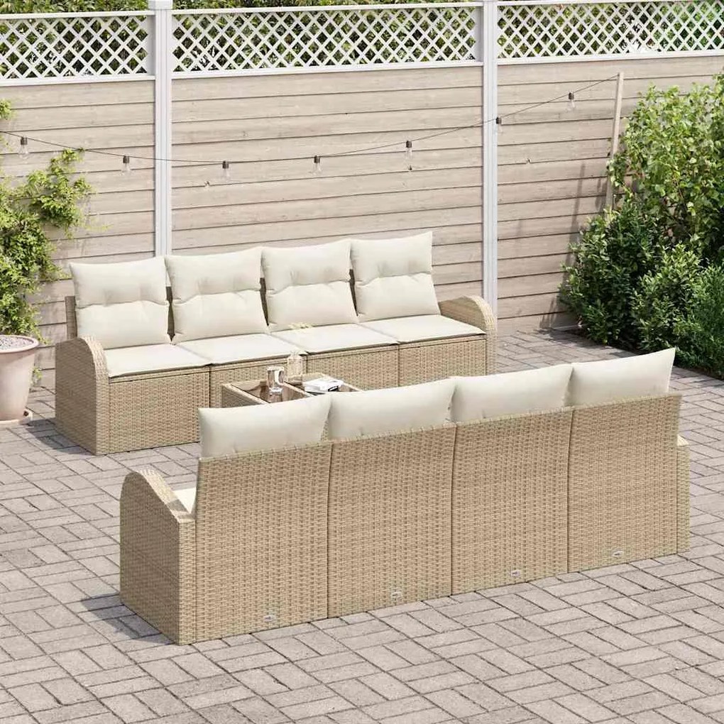 Conjunto de Sofá de Jardim com 9 Peças e Almofadas Bege de Rattan Poli