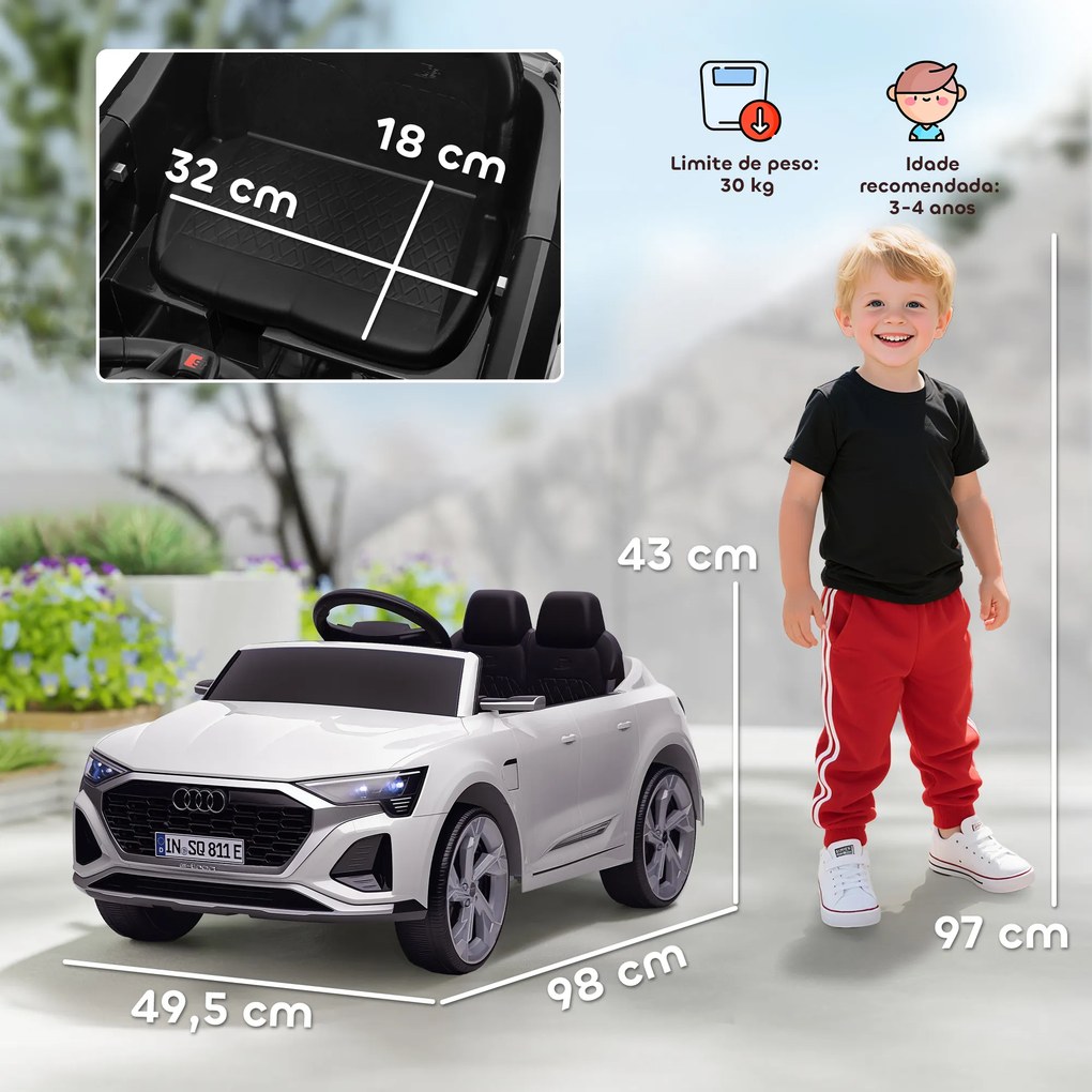 Carro Elétrico para Crianças Audi Q8 Etron Sportback Infantil 12V Faróis Buzina e Música 98x49,5x43 cm Branco