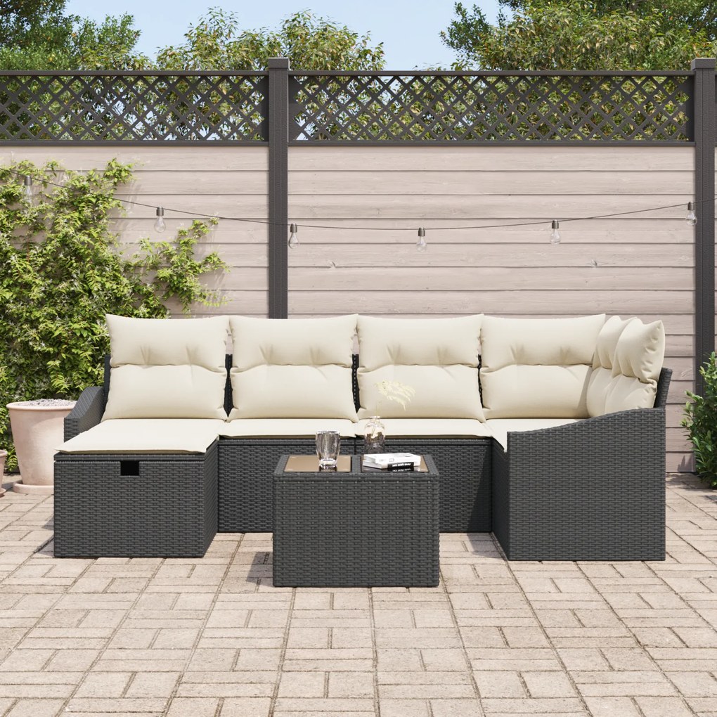Conjunto de Sofá de Jardim de 7 Peças com Almofadas Preto Rattan Poli